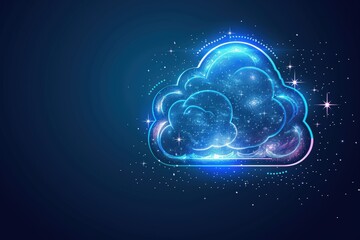Obraz premium A vibrant, digital cloud icon glimmers with stars against a dark blue background, suggesting themes of technology and innovation.