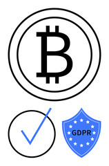 Bitcoin icon in a circle, checkmark for approval, and GDPR shield emphasize digital currency, data protection, regulatory compliance. Ideal for blockchain, privacy, fintech, security cryptocurrency