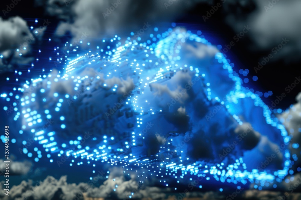 Poster a digital representation of clouds illuminated by blue light, creating a futuristic and ethereal atm