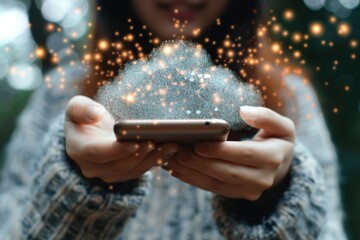 A person holds a smartphone with a glowing cloud of sparkles, symbolizing digital connectivity and innovation.