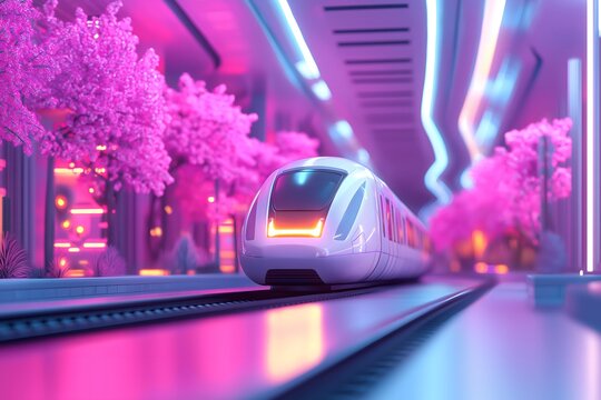 ESG, sustainability and innovation: A hyperloop train speeding through a neon-lit eco-friendly megacity, showcasing futuristic sustainable transportation, ultra-detailed.