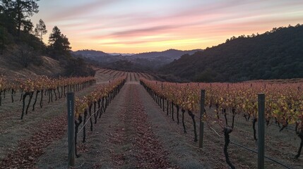 Obraz premium Vineyard Sunset: Capturing a picturesque vineyard at sunset, with rows of grapevines stretching into the distance, bathed in the warm hues of the twilight sky.