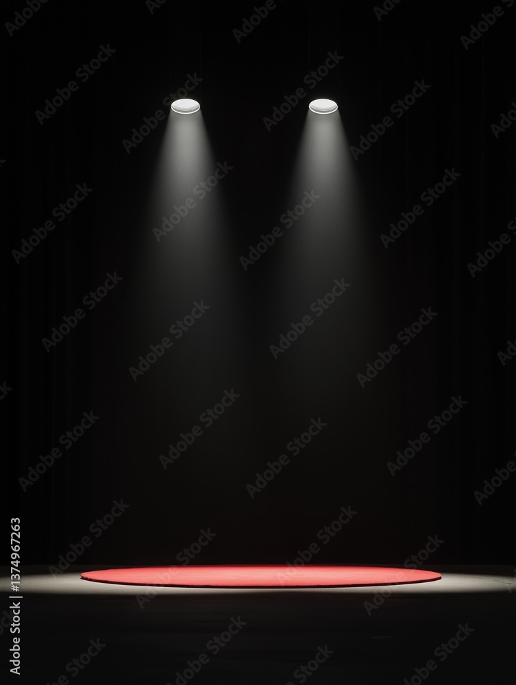 Poster stage with a red carpet on the floor. the background is completely black, and there are two spotligh