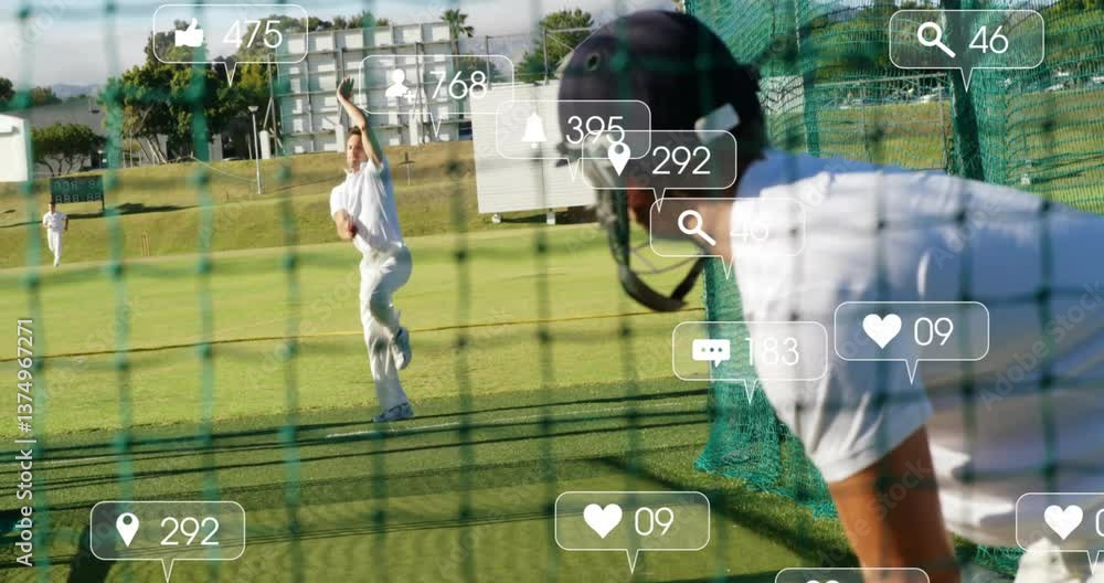 Poster cricketers practicing on field with social media notifications overlay animation