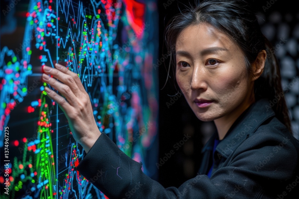 Poster a focused individual interacts with a digital display of colorful financial graphs and data trends, 