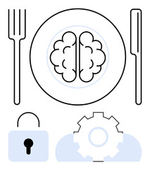 Brain placed on dinner plate with fork and knife symbolizes mental nourishment. Lock and gear icons below suggest knowledge access, learning, creativity, productivity. Ideal for education