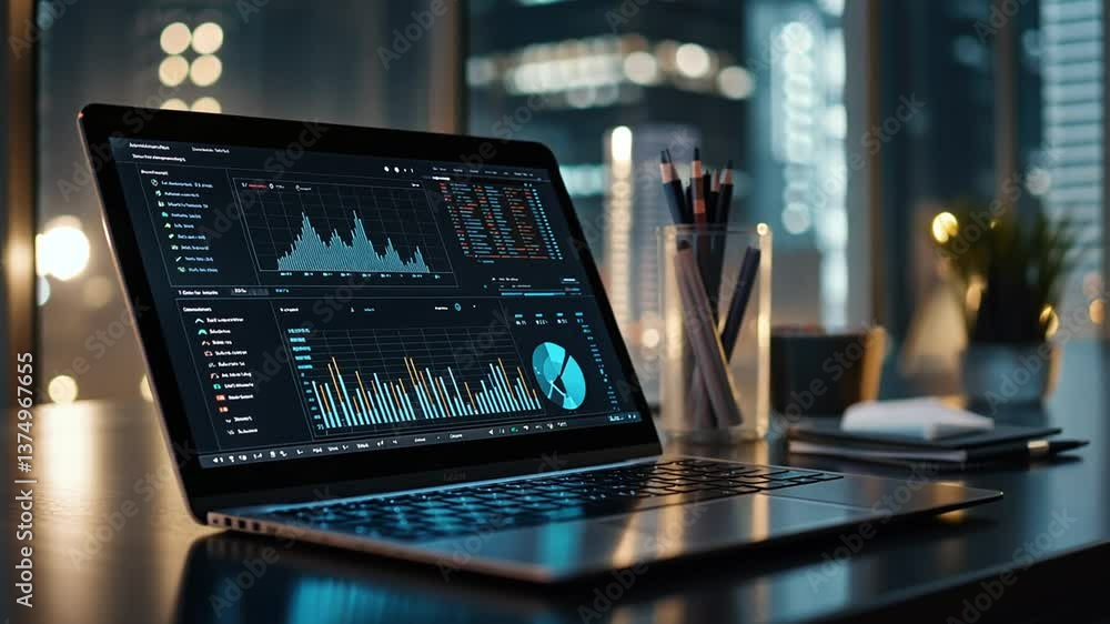 Poster laptop displaying financial data analysis, charts and graphs in modern office setting