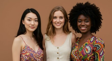 Diverse Group of Young Women Smiling Together on Brown Background