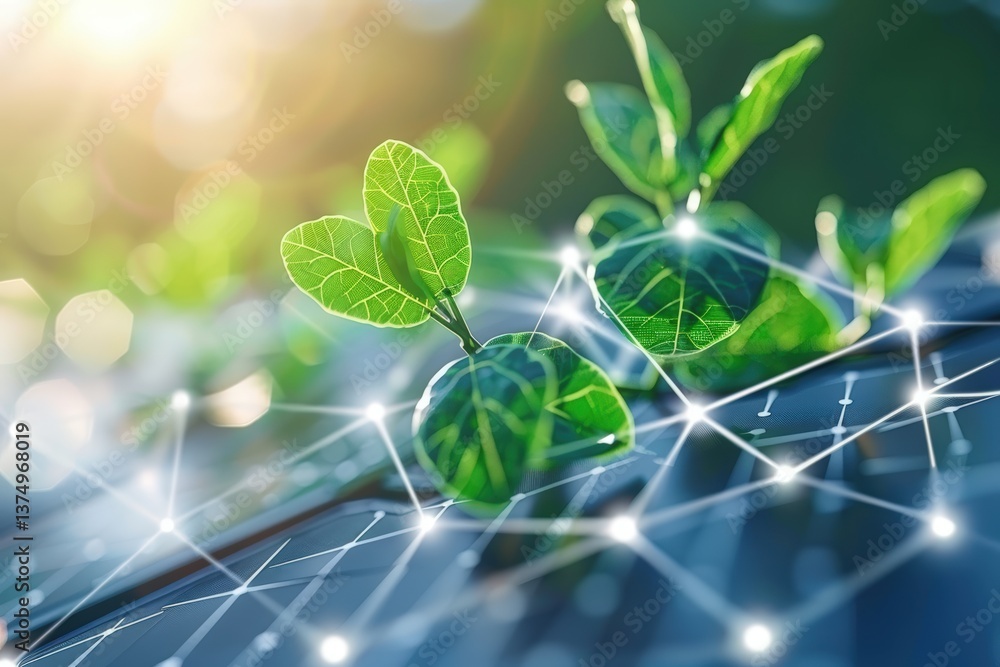 Poster a close-up of green leaves sprouting on a surface with a glowing network, symbolizing the connection