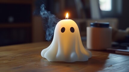 Ghostly Glow: A charming, candle shaped like a ghost with eyes is emitting gentle smoke.