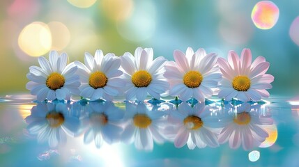 Four daisies in a row on a reflective surface, with a blurred blue background and a partial rainbow