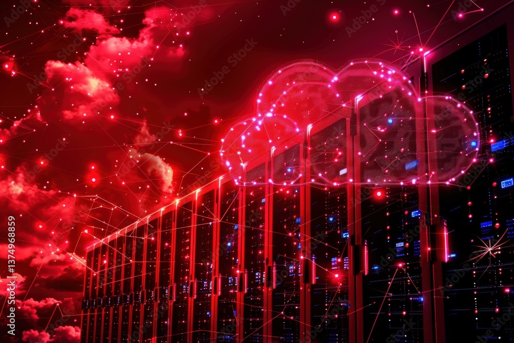 Poster a futuristic data center illuminated in red, featuring a stylized cloud symbolizing cloud computing 