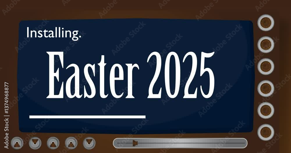 Poster cartoon computer with the word easter 2025. video message of a screen displaying an installation win