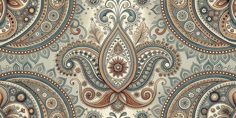 Intricate paisley pattern design featuring swirling motifs and ornate floral elements in a palette of muted teal, beige, and brown hues.