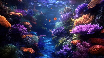 Fototapeta premium Underwater Coral Symphony: Dive into a breathtaking underwater world bursting with vibrant colors, where a kaleidoscope of coral reefs thrives, teeming with marine life.