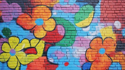 Obraz premium Vibrant Floral Mural: A colorful close-up view of an eye-catching street art, featuring a large-scale mural with bold, stylized flowers painted on a textured brick wall