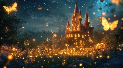 Enchanted Castle: A majestic castle, bathed in warm light, stands in a magical night scene. Fireflies and butterflies dance in the air, creating a mystical ambiance.
