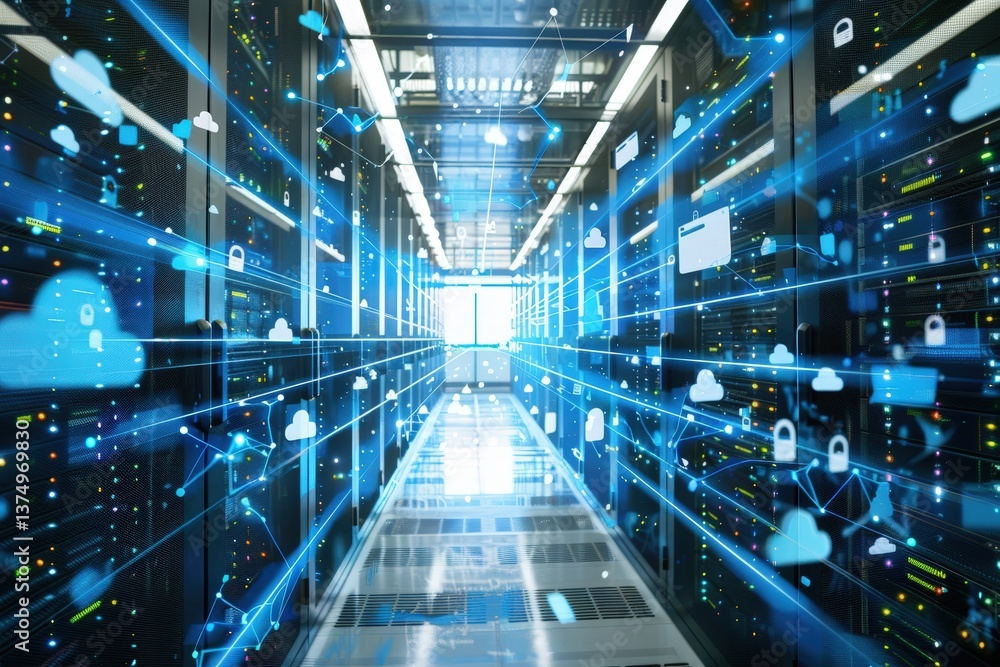 Poster a high-tech server room with digital cloud icons, depicting data flow and connectivity in a modern d