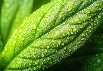 Closeup of a Fresh Green Leaf Covered in Dew Drops