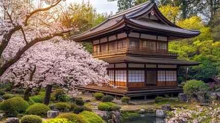 Serene Japanese Pavilion: A traditional Japanese pavilion, a testament to minimalist design and harmony, is set against the backdrop of a vibrant cherry blossom.