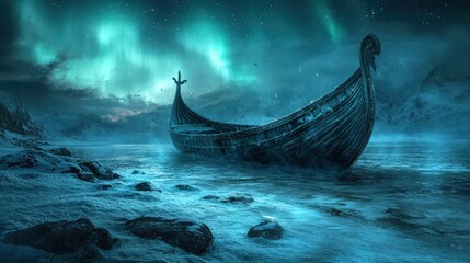 Viking Longboat Under Aurora: A solitary Viking longboat floats serenely on the water under the ethereal glow of the Aurora Borealis. The scene evokes a sense of adventure and mystery.