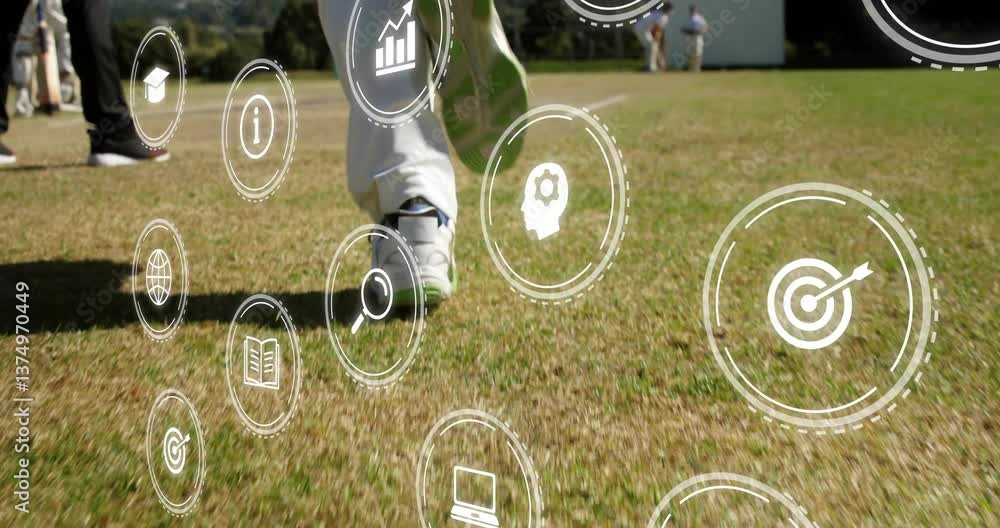 Poster icons and data processing animation over person walking on grass field