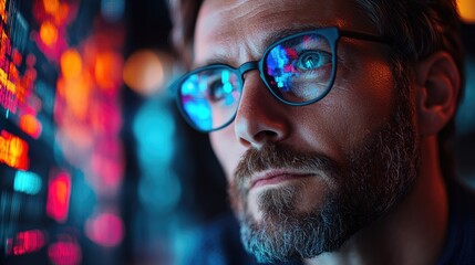 A close up of a man wearing glasses observing data