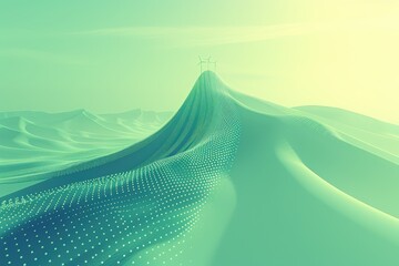 A surreal landscape featuring rolling dunes adorned with a digital pattern, highlighted by wind turbines against a soft green sky.