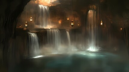 Waterfalls Flow Inside a Cave with Hanging Lights and Water