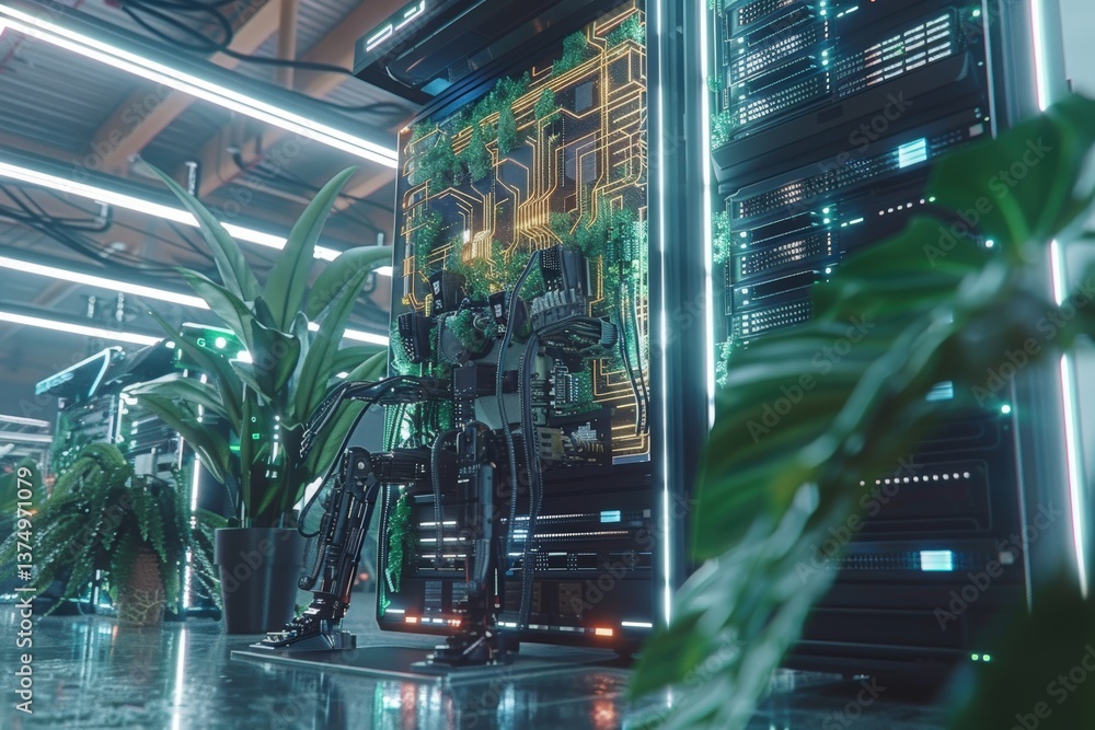 Poster a futuristic setting featuring a robotic figure amidst lush plants and advanced technology, highligh