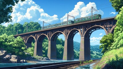 Journey Over: A scenic train traverses a vintage arched bridge amidst lush greenery, painted under a vibrant blue sky, invoking feelings of travel, adventure, and the timeless allure of transport.