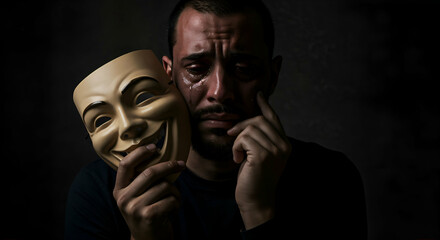 Tearful man hides behind smiling Mask