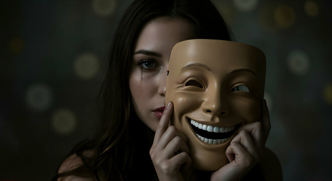 Woman hiding true emotions with a mask