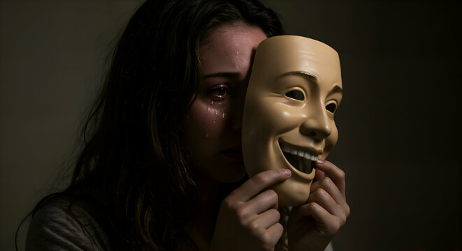Tearful woman hides behind a smiling mask.