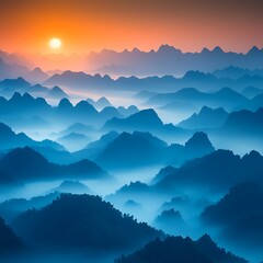 Obraz premium Majestic mountain ranges under a vibrant orange and blue sky