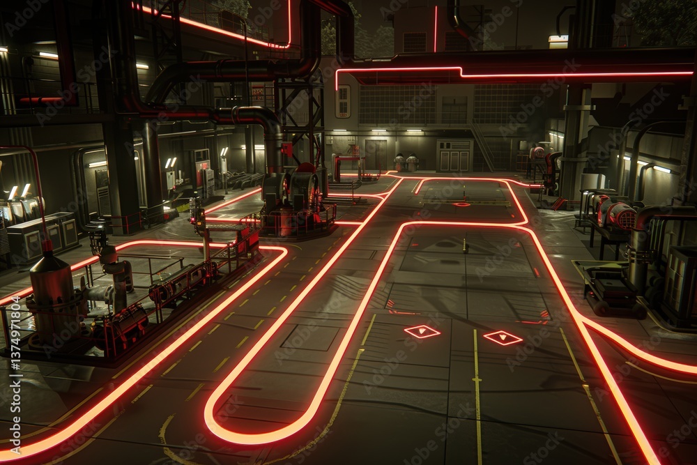 Poster a futuristic industrial space featuring illuminated pathways and machinery, creating a high-tech atm
