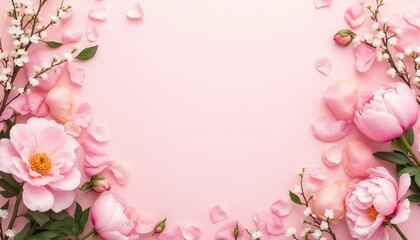 Fototapeta premium Beautiful pink flower frame on pastel background.