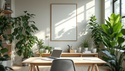 Bright workspace with plants and natural light.