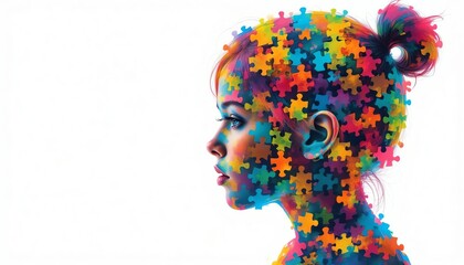 Colorful puzzle pieces forming a human profile.