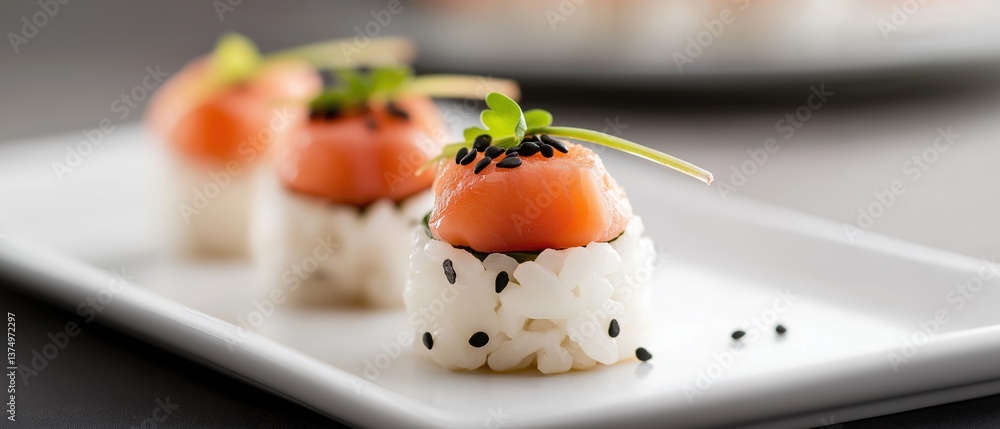 Aufkleber white rectangular plate with three small sushi rolls on it. the sushi rolls are made of white rice a