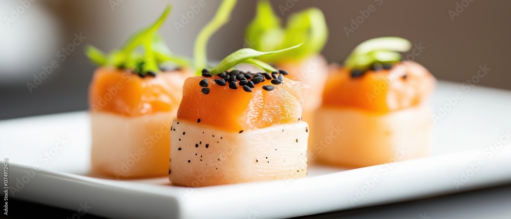 Aufkleber white rectangular plate with four small appetizers on it. the appetizers are arranged in a row and e