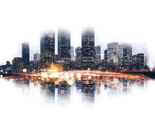 Obraz premium Modern city high-rise building and light lines, double exposure, white background