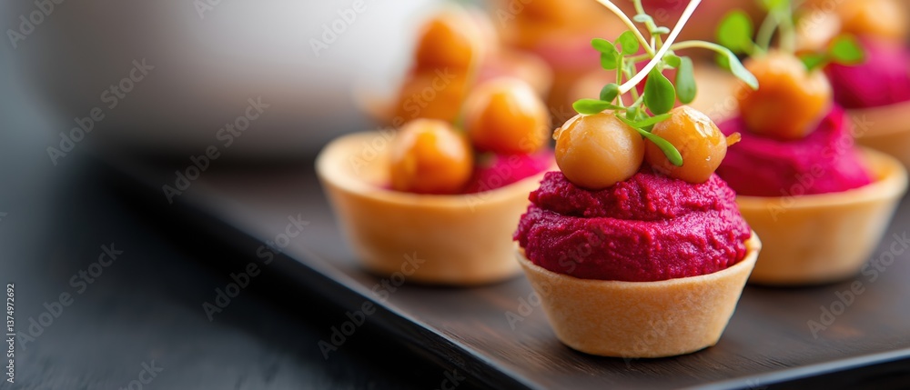 Poster tray of small appetizers with a variety of colors and textures. the appetizers are arranged in a cir