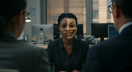 Black woman in office hiding emotions with a mask