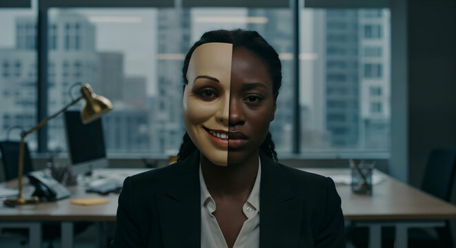 Black woman in office hiding emotions with a mask - Powered by Adobe