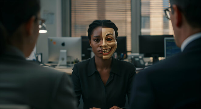 Black woman in office hiding emotions with a mask