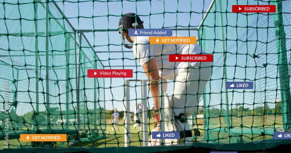 Poster practicing in net, cricketer receiving social media notifications with animation