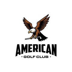 Obraz premium Flying Eagle Hawk Falcon Holding Golf Stick for golf club sport logo design