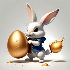 Easter theme with Easter eggs and white bunnies on a clean background, with soft shadows and delicate details.