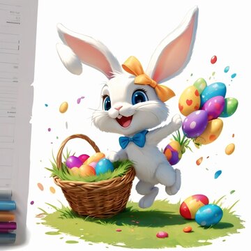 Easter theme with Easter eggs and white bunnies on a clean background, with soft shadows and delicate details.